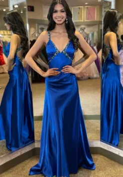 Beaded V Neck Satin Long Dress 4321