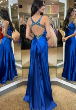 Beaded V Neck Satin Long Dress 4321