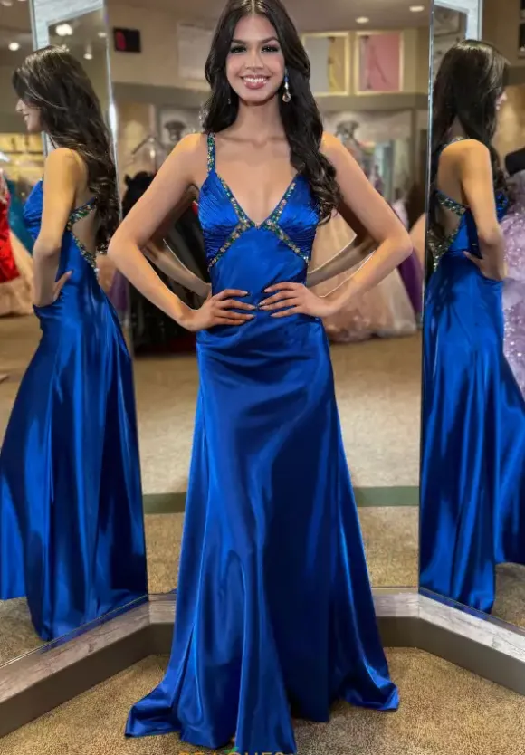 Beaded V Neck Satin Long Dress 4321