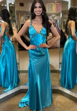 Beaded V Neck Satin Long Dress 4321