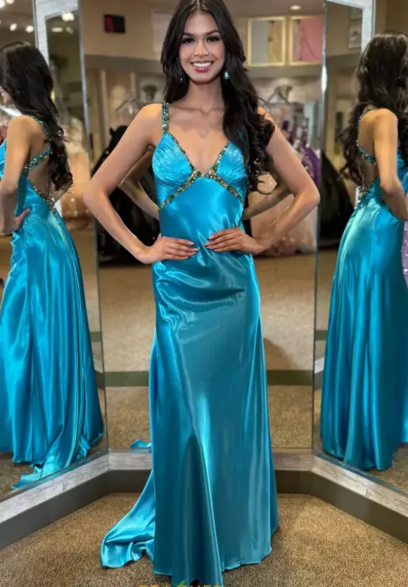 Beaded V Neck Satin Long Dress 4321