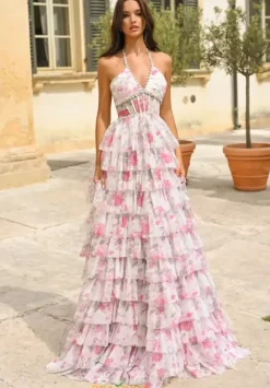 Long Halter Neckline Corset Dress 61730