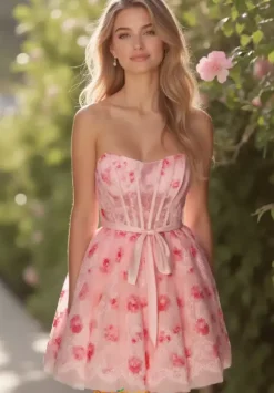 Short Strapless Lace Dress 30019