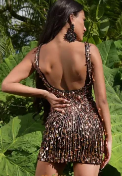 V Neck Sequins Short Dress 1706