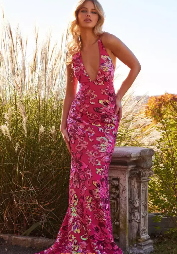 V Neckline Long Fitted Dress 08462