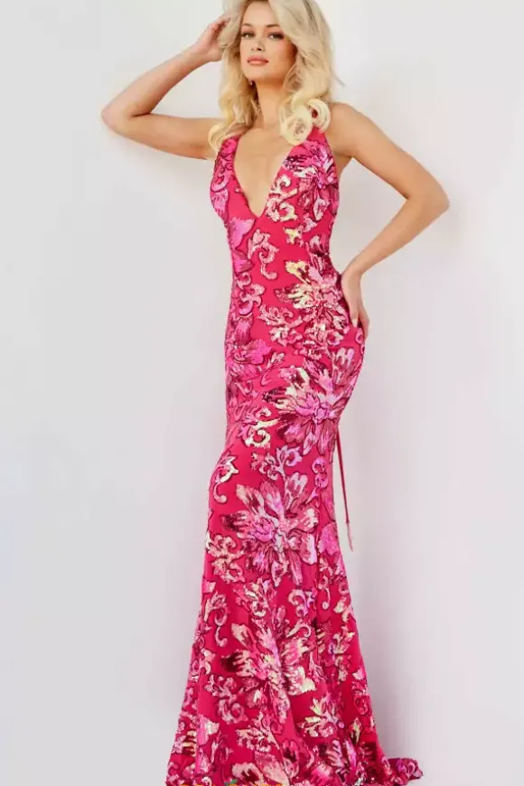 V Neckline Long Fitted Dress 08462